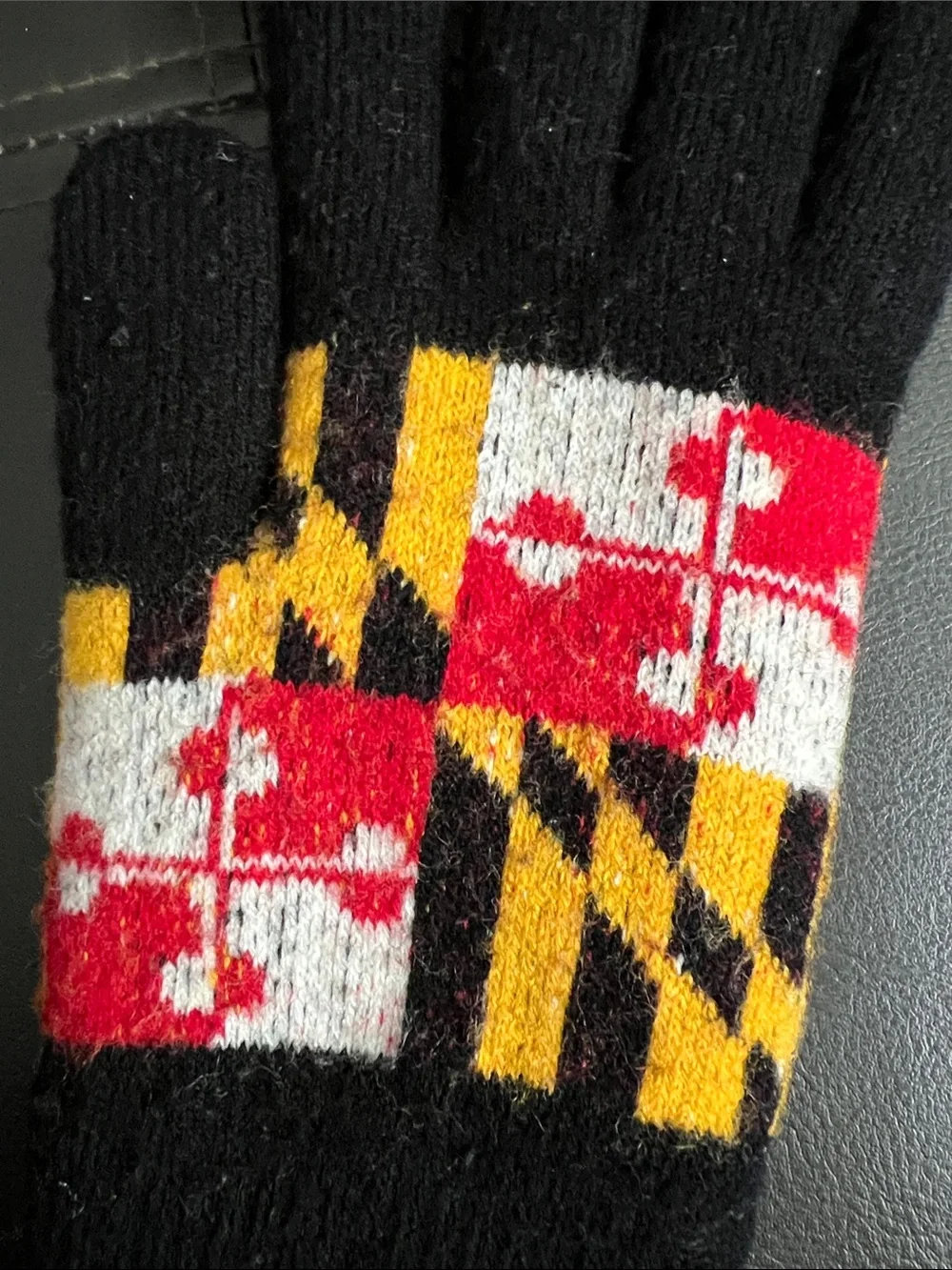 Robin Ruth Maryland Flag Gloves with Black, Red, Yellow & White Pattern